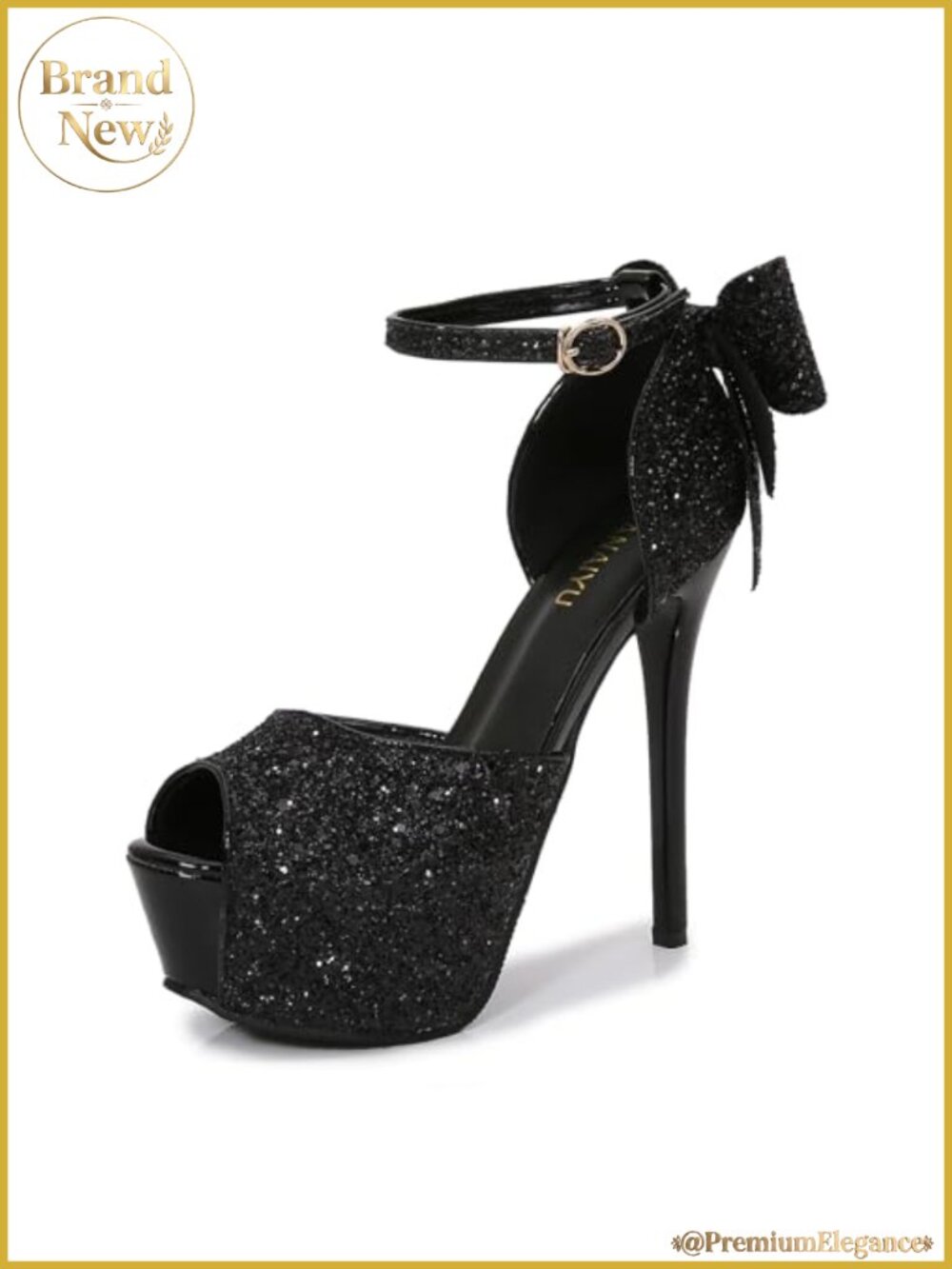 Peep-toe platform stiletto sandals with back bow, sequins, 5.5" heel